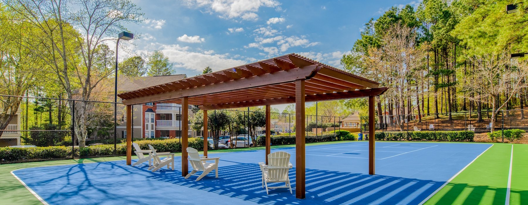 a swimming pool with a covered area