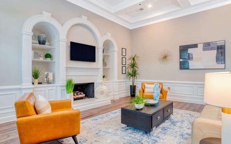 a living room with a fireplace